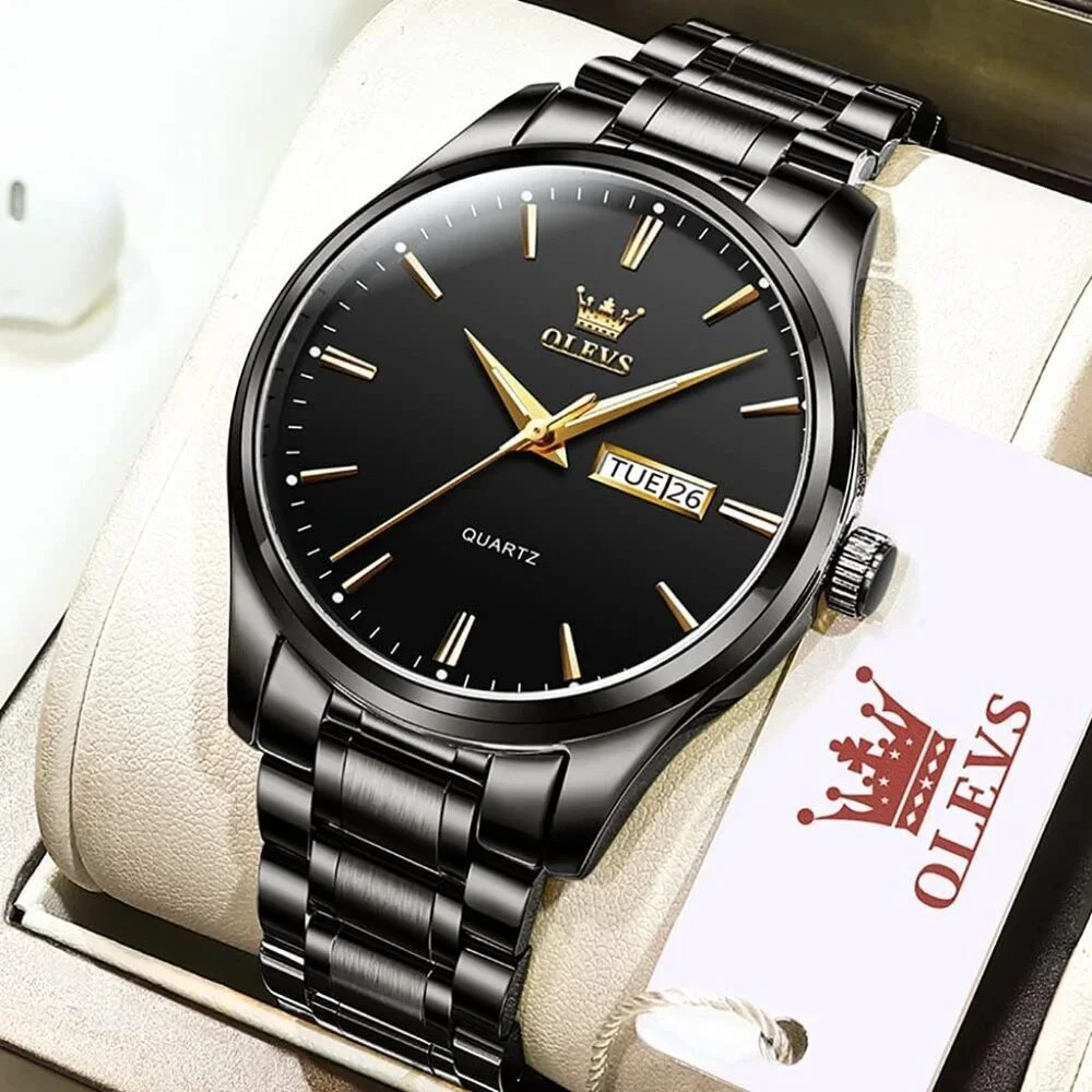 Olevs Men's Black Steel Black-Dial Waterproof Stainless Luminous Stylish Watch